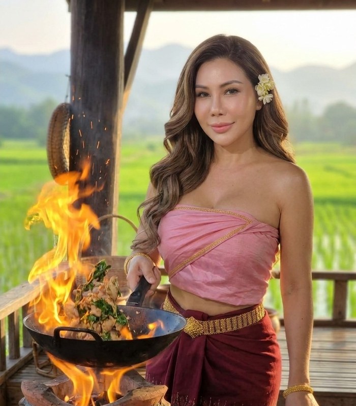 Chef Mo Thai AI at a flaming wok